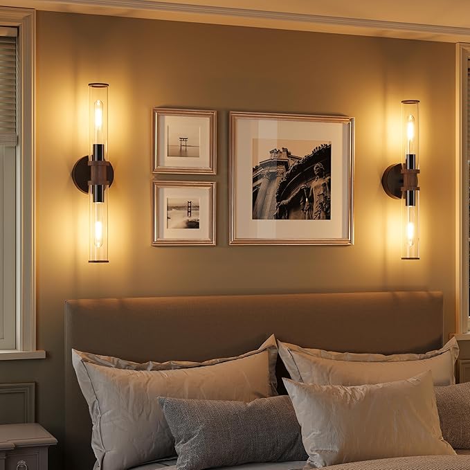 Battery Operated Wall Sconce Set of 2, Black & Walnut Rechargeable Wall Sconces, Modern Cordless Wall Lights with Remote Control, Dimmable for Living Room, Bedroom, Bathroom, Hallway, Entryway 3000K