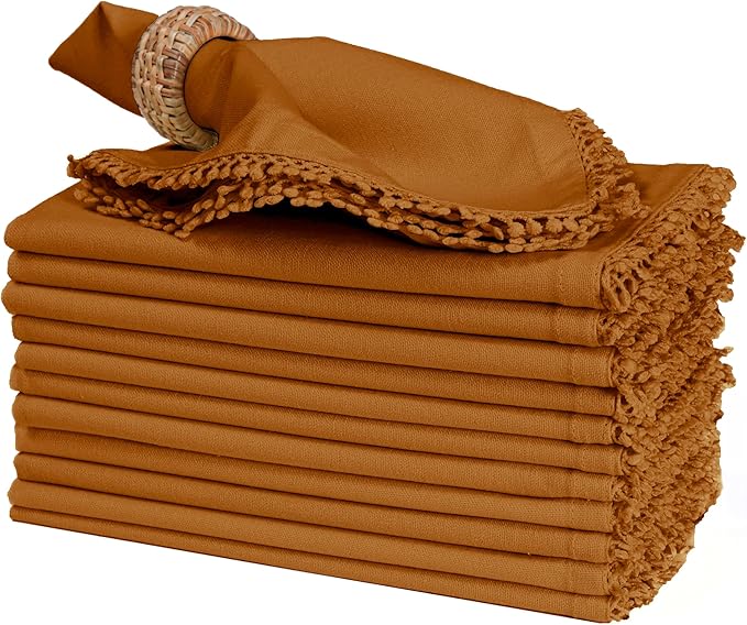 Bedding Craft Cotton Cloth Dinner Napkins Set of 12 – 18x18 Desert Sun with Decorative Lace Selvedge – Durable Machine Washable Fabric Napkins for Weddings, Baby Showers, Parties & Dining