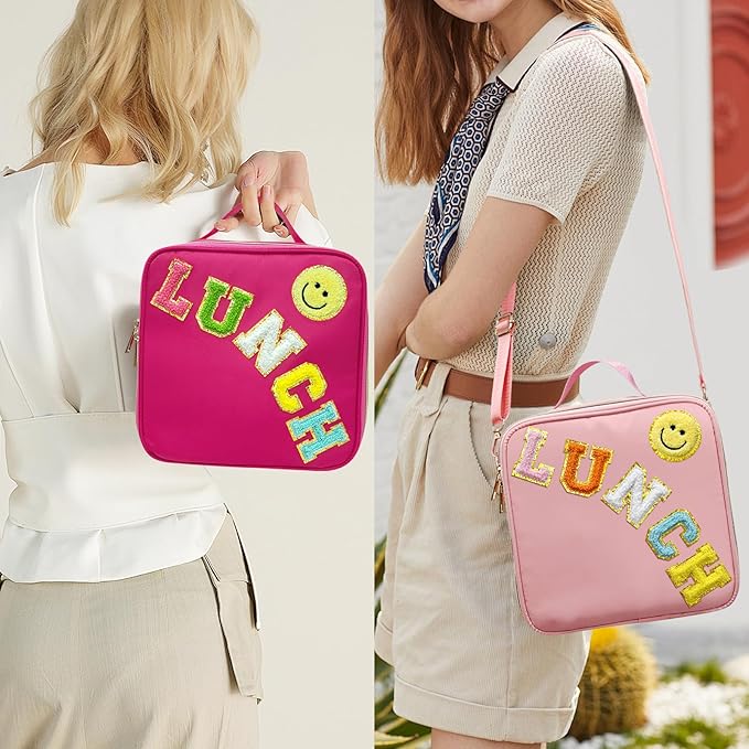 Insulated Lunch Bag Women Lunch Box Kids for Teen Girls Boys, Cute Preppy Lunch Boxes With Adjustable Shoulder Strap, Waterproof Nylon Lunchbox Lunch Bags for School Work Picnic (Wine)