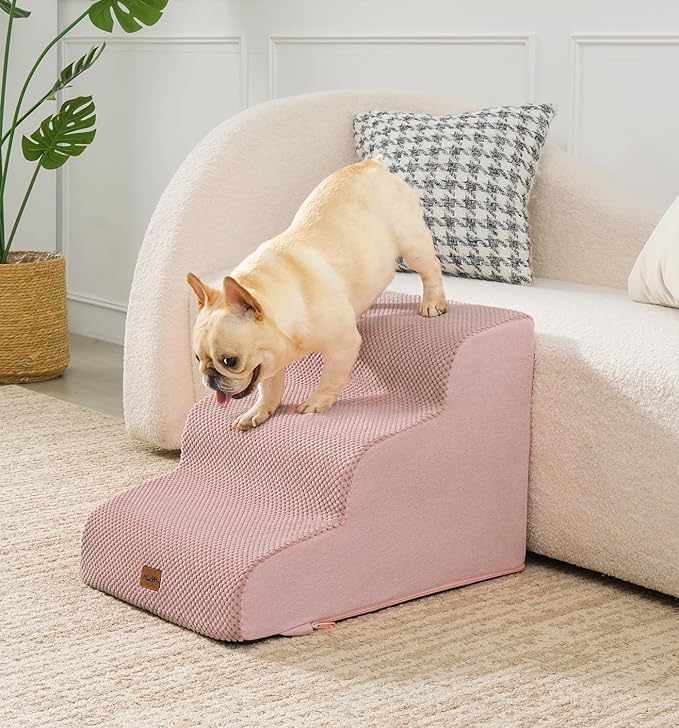 Made4Pets Dog Stairs Ramp for Small Dogs 15.7" H, 3-Step Dog Steps for Bed Couch Sofa and Chair, 35D Foam Pet Steps for Small Dogs and Cats, Non-Slip Bottom Pet Stairs, Pink