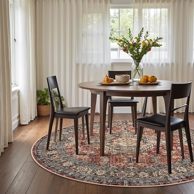 Lahome Oriental Washable Round Area Rug, Non-Slip Round Rugs 6ft Ultra-Thin, Soft Large Throw Circle Carpet for Living Room Bedroom Kitchen Nursery, Brick Red