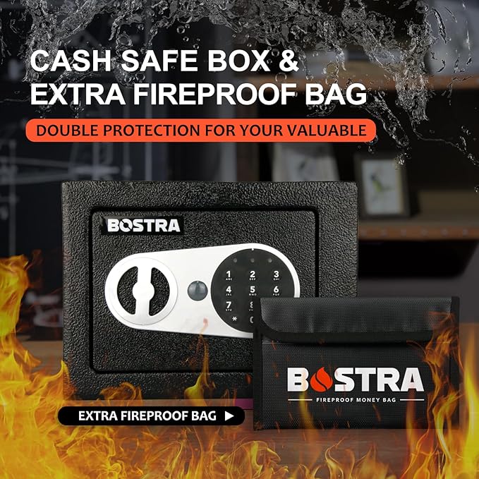 Bostra Fireproof Safe Box with Sensor Light & Fireproof Bag, Money Safe Box with Digital Keypad,Security Safe Box for Home, 0.23 Cubic Small Safe with Keys & Pass Code for Cash Jewelry Silver