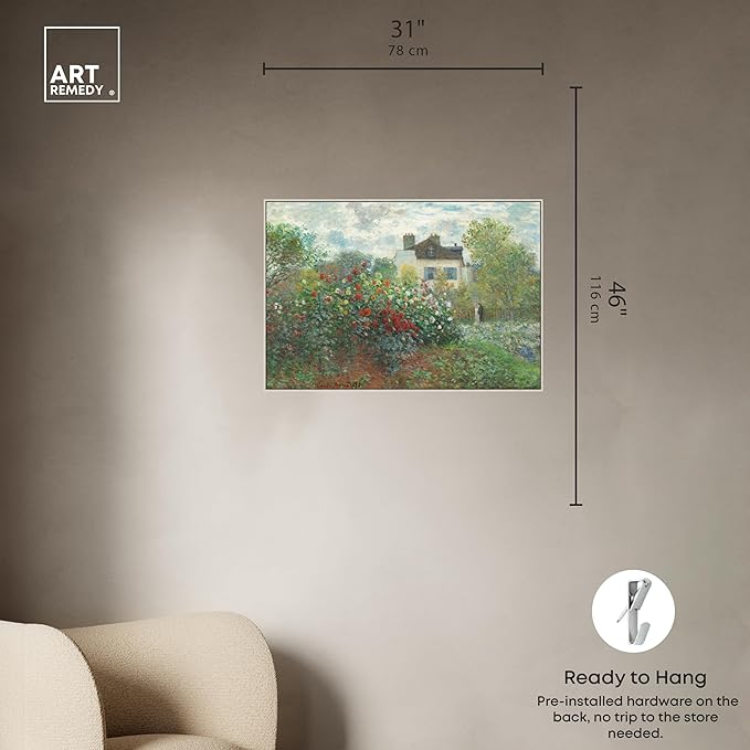 Art Remedy Monet-Garden With Dahlias Impressionism Classic Landscape Paintings Canvas Wall Art, Silver Floater Frame, 30"x45"