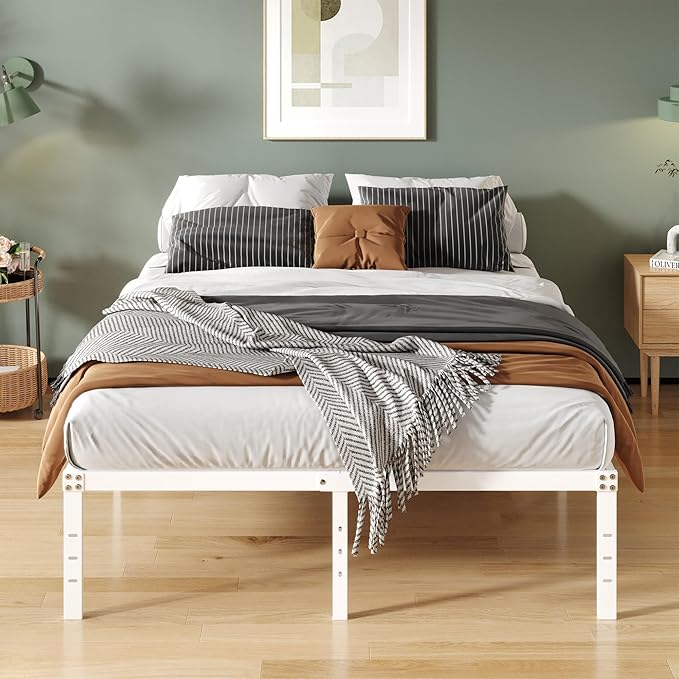 16 Inch White King Bed Frame Heavy Duty Metal Platform King Size Bed Frames with High Storage, Eassy Assembly 3,500 lbs Heavy Duty Bedframes