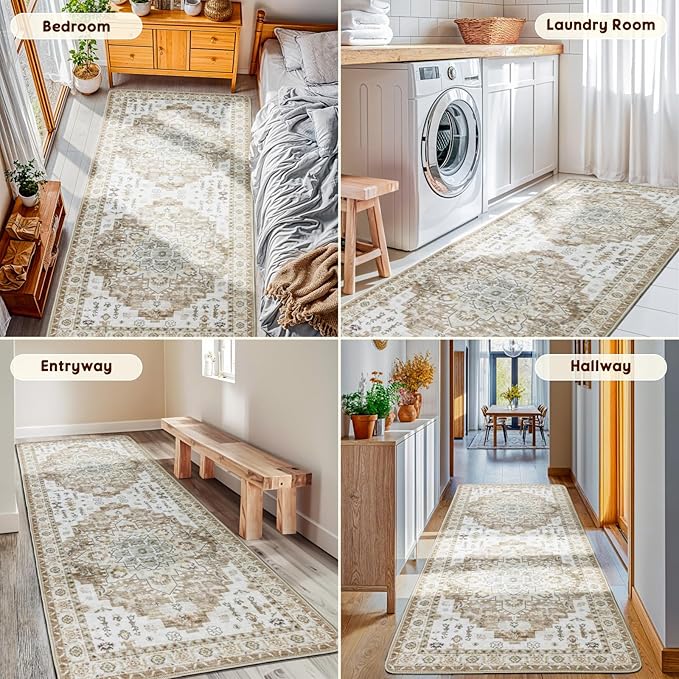 LBRO2M Boho Runner Rug 2X6 Hallway Rug Non Slip Washable Runners for Hallways, Bedroom, Kitchen Laundry Room Pet Friendly Area Rugs (2X6, Cream)