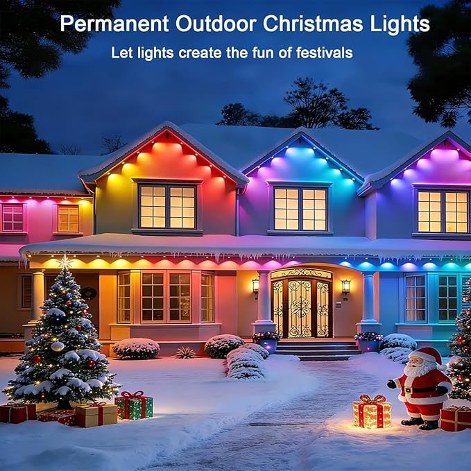 150ft Permanent Outdoor Christmas Lights for House, Smart RGB+IC+Warm to Cool White LED Eave Lights with App Control, IP65 Outside Light Compatible with Alexa, Google Assistant