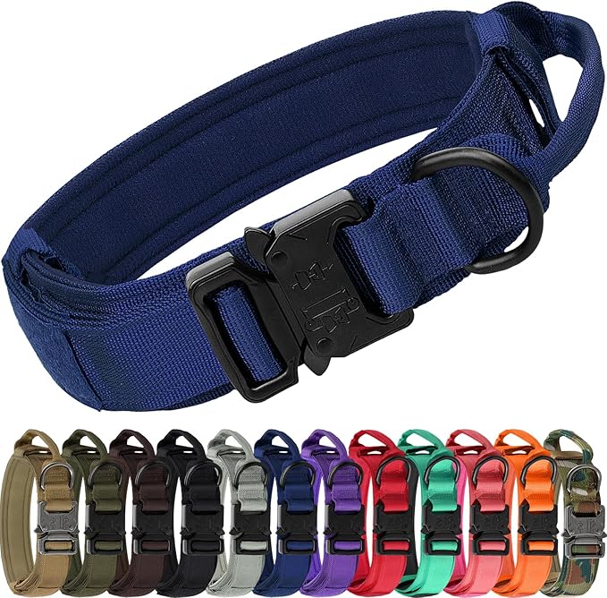 Joytale Tactical Dog Collar with Handle, Adjustable Heavy Duty Military Collar with 2 Patches for Training, Suitable for Medium Dogs, Navyblue, M