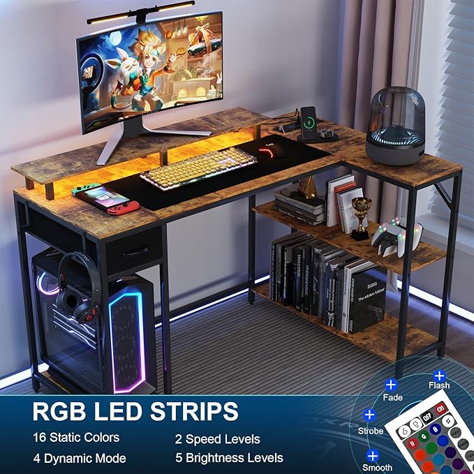 47" L Shaped Computer Desk with LED Light and Power Outlet, Reversible L Shaped Desk with Monitor Stand and Drawer, Gaming Desk with Shelves and 2 Hooks for Home Office Bedroom