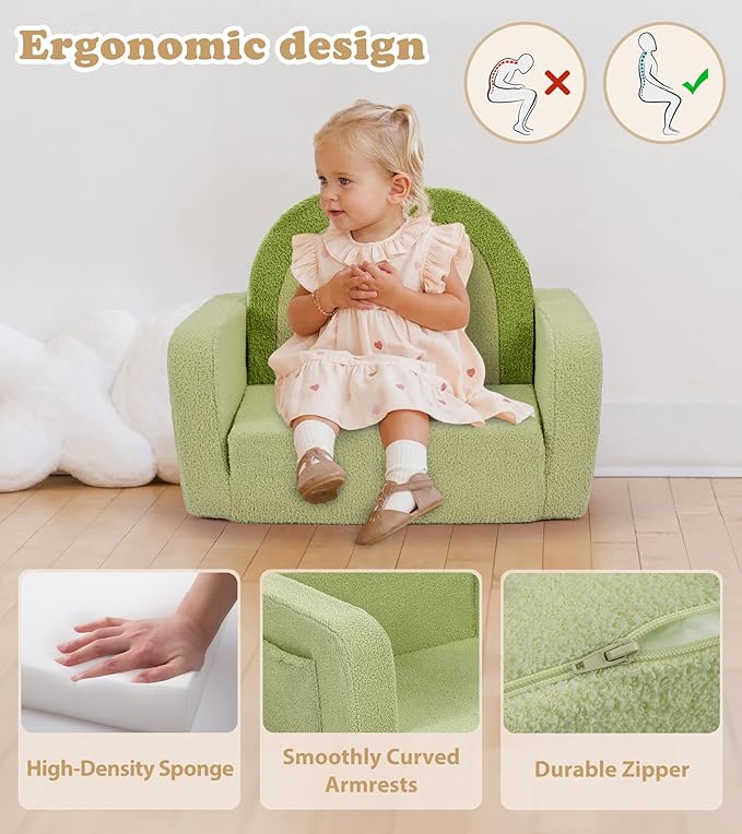 Kids Couch, 2-in-1 Soft Toddler Couch Fold Out with Blanket, Comfy Toddler Chair, Convertible Sofa to Lounger, Convertible Sofa to Lounger, Gifts for Kids Girl Boys, Medium Green Rainbow