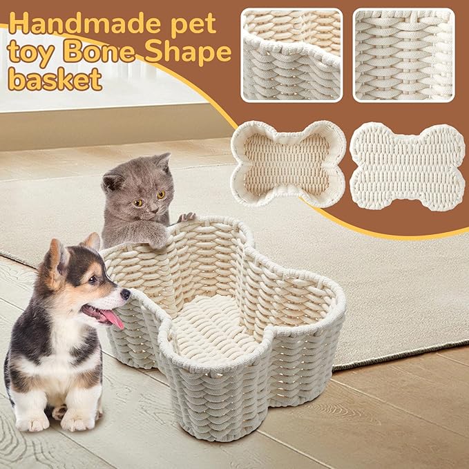 Barydat 2 Pcs Dog Toy Basket Dog Toy Bin Bone Shaped Handmade Pet Organizer for Pet White Cotton Rope Basket (16.5 x 12.4 x 6.89 and 13.39 x 9.25 x 5.4)