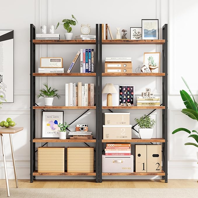 Bookshelf, 5 Tier Bookshelves, Home Office Bookcase Shelf Storage Organizer, Free Standing Storage Shelving Unit for Bedroom, Living Room and Home Office,Rustic Brown