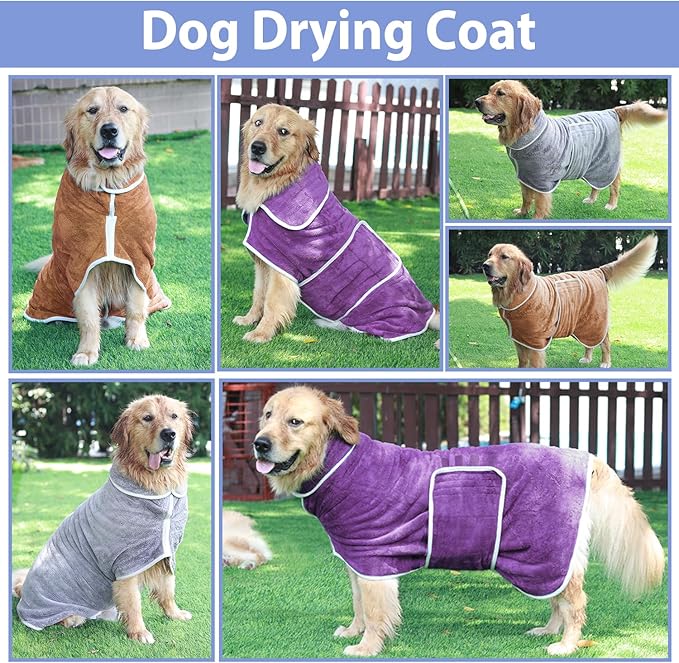Dog Bathrobe Towel Dog Drying Coat - Super Absorbent Towels Bath Robe for Dogs Large, Soft Adjustable Collar & Belly Strap Fast Drying Coat Pet Cat Bath Robe (Brown, XX-Large)
