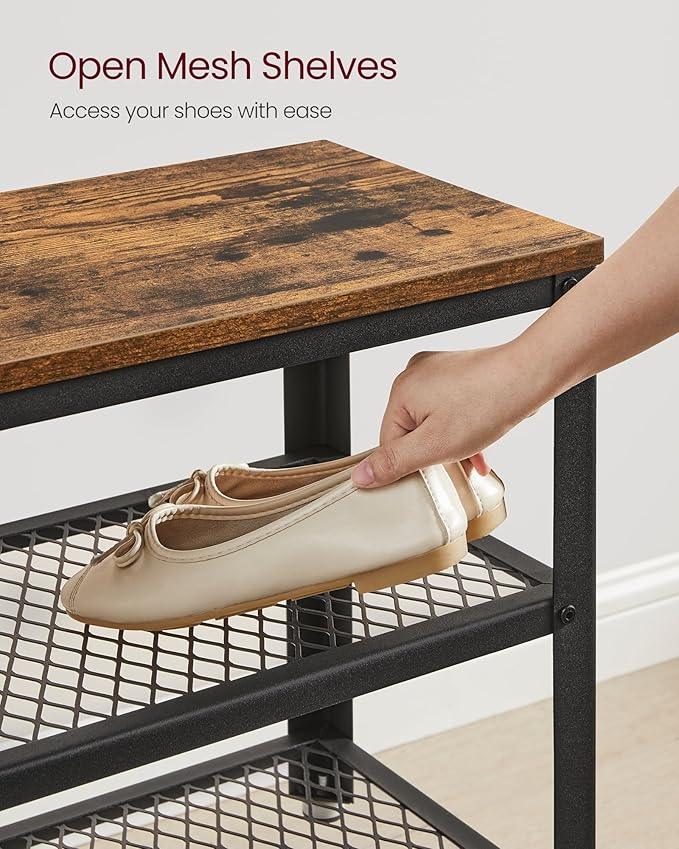 VASAGLE 3-Tier Shoe Rack, Shelf Storage Bench with Metal Mesh Shelves and Seat, Free Standing Shoe Organizer for Entryway, 11.8 x 28.7 x 17.7 Inches, Rustic Brown and Black ULBS73X