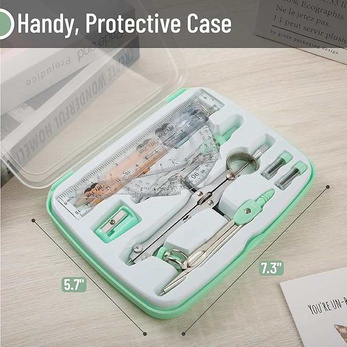 Mr. Pen- Geometry Set, 13 pcs, Mint Green, Compass for Geometry Compass Math, Geometry Kit Set with Shatterproof Storage Box, Math Compass, Geometry Set for School, Protractor and Compass Set