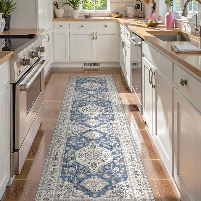Lahome Oriental Hallway Runner Rug Non Slip, 2.5x8 Kitchen Washable Runner Soft Hallway Rug, Traditional Ultra-Thin Carpet for Bathroom Entryway ?랰aundry Room, Blue