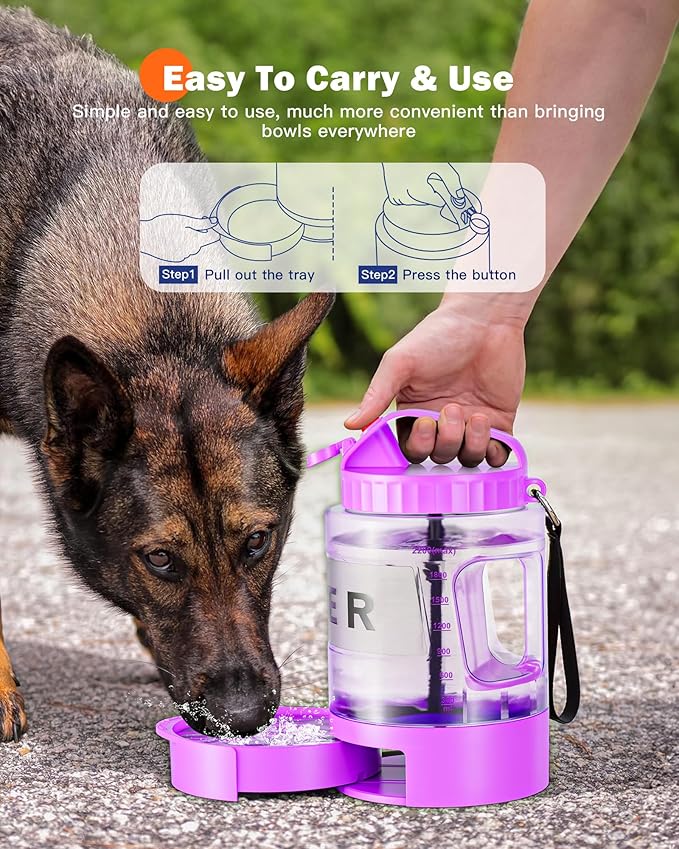 77oz Large Dog Water Bottle - Portable Travel Dog Water Dispenser & Bowl - Leak-Proof Pet Water Jug for Hiking, Camping, Walking & Car Trips, Purple