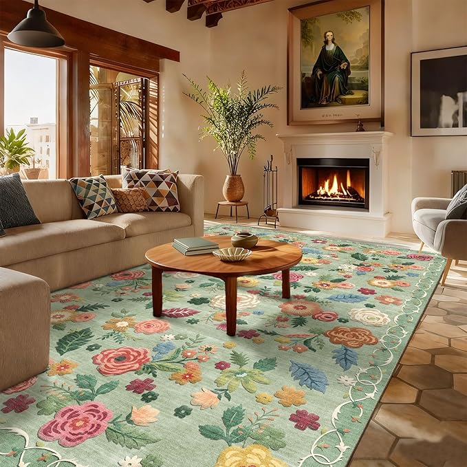 Washable Area Rugs for Living Room: 6x9 Area Rug for Bedroom Vintage Floral Large Rug Stain Resistant Non Slip Low Pile Faux Wool Soft Rugs for Entryway Dining Room Bedside Kitchen Nursery
