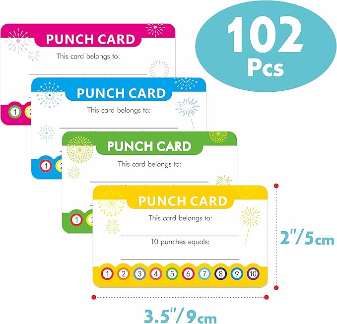 102 PCS Punch Cards, Incentive Reward Card Student Awards Loyalty Cards for Business, Classroom, Kids Behavior, Students, Teachers, 3.5” x 2”, 4 Styles