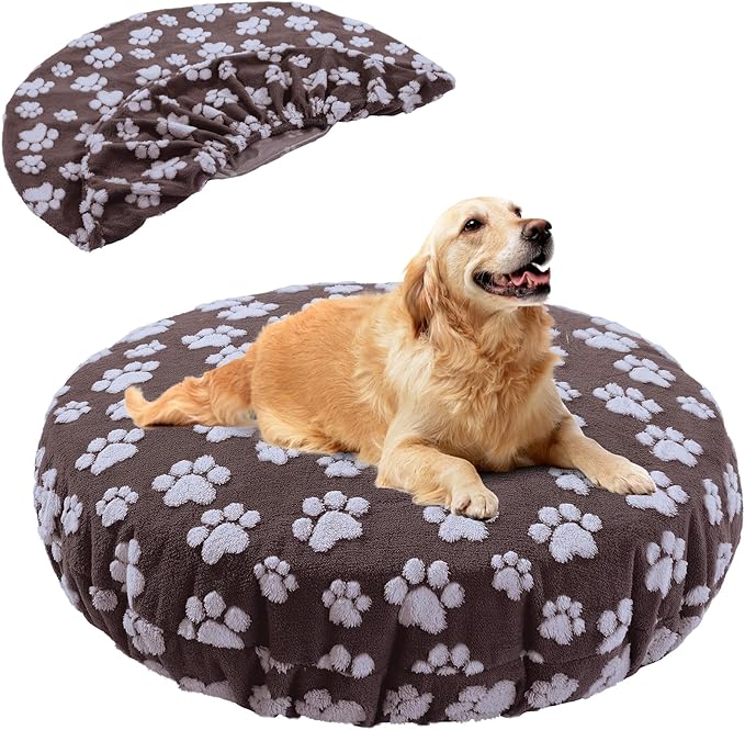 BALAPET Washable Dog Bed Covers Replacement Round Waterproof Bed Cover for Dog Soft Pet Bed Cover with Lovely Dog Paw Print and Double-Sided Usable Design,Cover Only(Brown,45 * 45 * 11in)