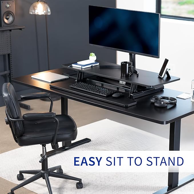 VIVO 42 inch Electric Motor Desk Converter, Height Adjustable Riser, Sit to Stand Dual Monitor and Laptop Workstation with Wide Keyboard Tray, Black, DESK-VE42B