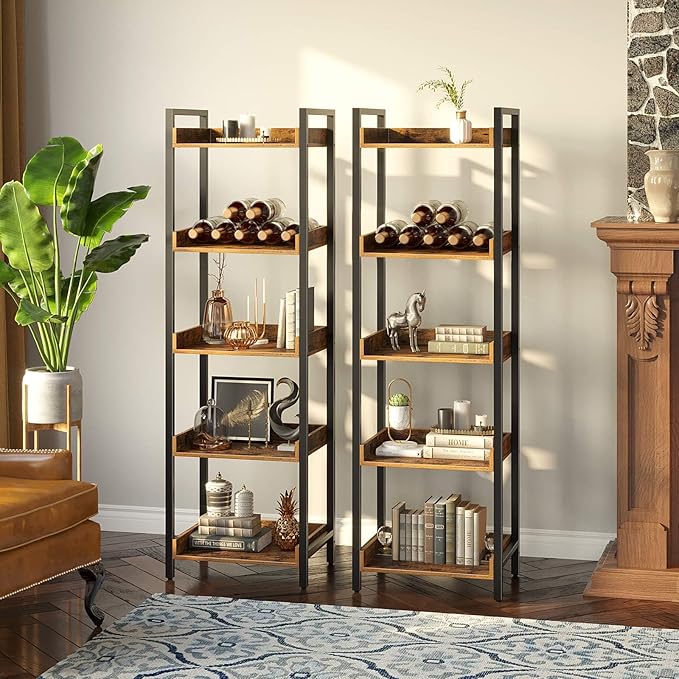 Rolanstar Bookshelf, 5-Tier Storage Rack, Narrow Corner Bookshelf, Display Wooden Shelves for Living Room, Bathroom, Balcony, Kitchen,Rustic Brown