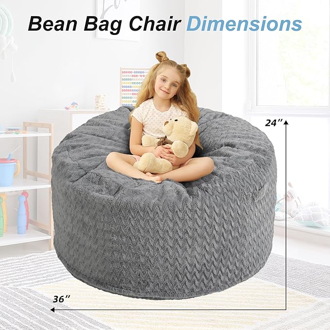 Homguava Bean Bag Chair: 3‘ Bean Bags with Memory Foam Filled, Large Beanbag Chairs Soft Sofa with Dutch Chevron Plush Cover 3FT(36"×36"×24"),Grey