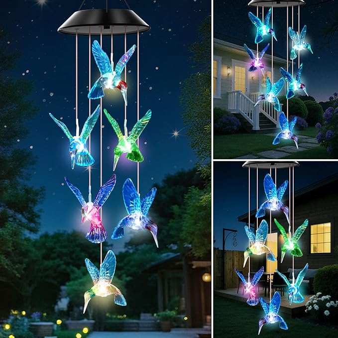 Blue Hummingbird Solar Wind Chimes Color Changing Lights Outdoor, Best Gifts for Mom Grandma Women Wife Aunt Daughter Sister, Unique Mobile Wind Chime, Gardening Yard Decorations