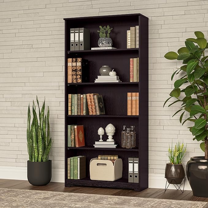 Bush Furniture Tall 5 Shelf Bookcase, Large Open Bookshelf, Sturdy Display Cabinet for Living Room or Home Office, Cabot Collection, Espresso Oak