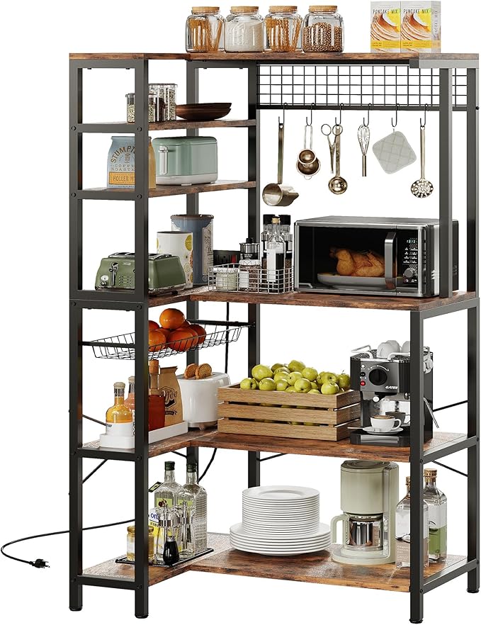 IRONCK Bakers Rack with Power Outlet, 5-Tier Corner Microwave Stand with Storage, Coffee Bar with 6 S-Shaped Hooks, Kitchen Shelves with Wire Basket