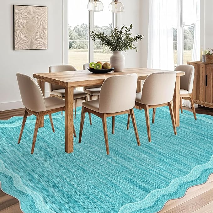 GarveeHome Washable Rugs 8x10 Scallop Living Room Rug Solid Scalloped Rug with Non-Slip Backing, Stain-Resistant Low Pile Easy Cleaning Rugs, Soft Modern Carpet for Bedroom Playroom Nursery,Teal