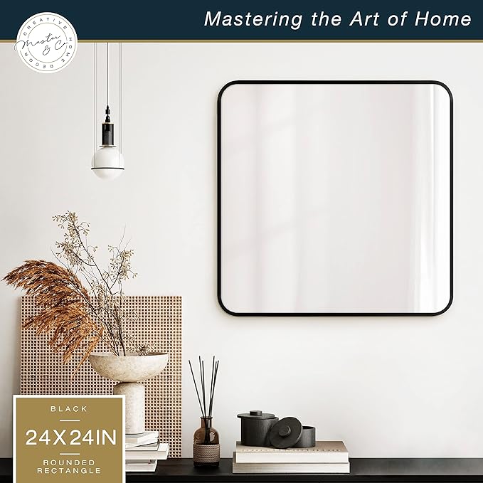 MCS Master & Co. Modern Metal Large Wall Mirror, Minimalist Home Decor Square Mirror with Rounded Corners for Living Room, Bedroom, or Bathroom, Black, 24 x 24 in