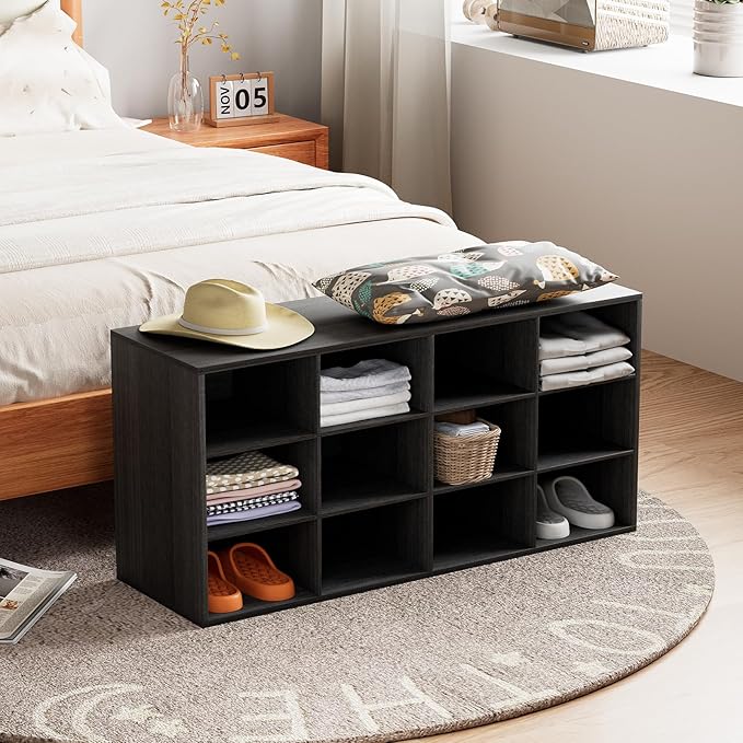 12-Cubby Shoe Rack, 3-Tier Wood Shoe Organizer, Multifunctional Shoe Organizer Bench for Entryway, Mudroom, Hallway, Closet,36.22 * 11.81 * 17.72 Inch,Black