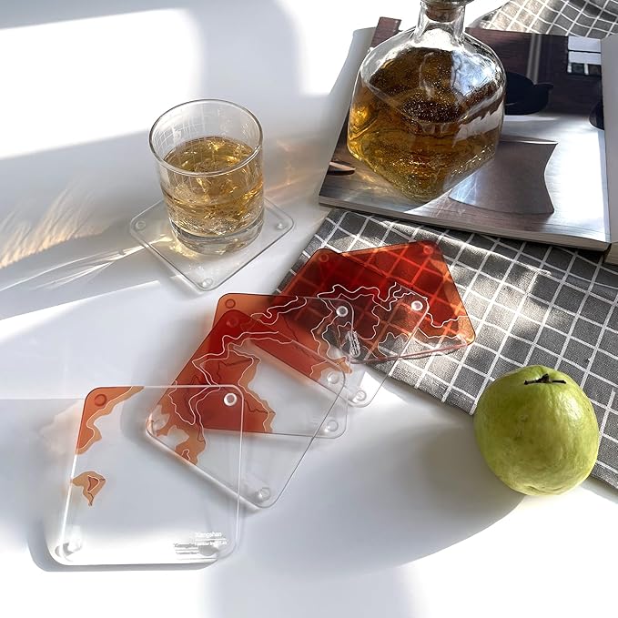 Xiangshan, BJ 3D Contour Map Glass Drink Coasters of Mountains, Ski Resort, Set of 6 with Holder, Housewarming Birthday Gifts, Home Decor