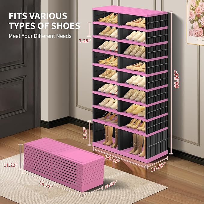 9-Tier Foldable Shoe Rack Organizer for Closet,36 Pairs Collapsible Plastic Shoe Shelf,Large Shoes Cabinet with Door,Clear Stackable Storage Box Easy Assembly（Black-Pink）