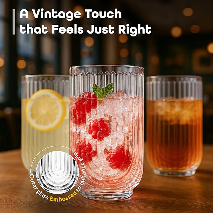 Glaver's Vintage Glassware Art Deco Glasse Ribbed Drinking Glasses U-Shape Arch Design Colored Cocktail Kitchen Tumblers Everyday Dinner Decorative Party (Clear S/4 17oz)