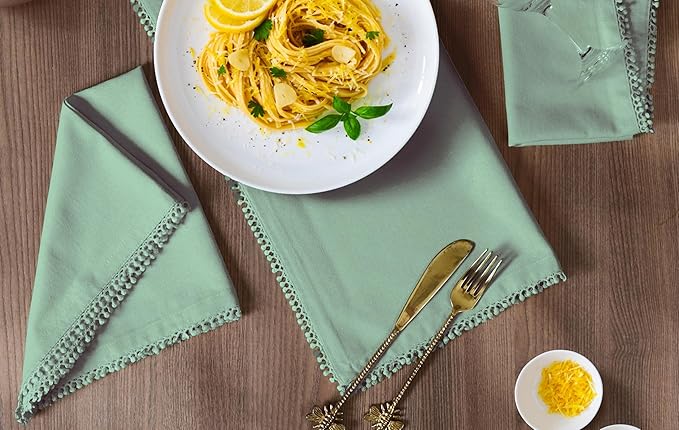 Bedding Craft Cotton Cloth Dinner Napkins Set of 12 – 18x18 Teal with Decorative Lace Selvedge – Reusable Machine Washable Fabric Napkins for Weddings, Baby Showers, Parties & Table Décor