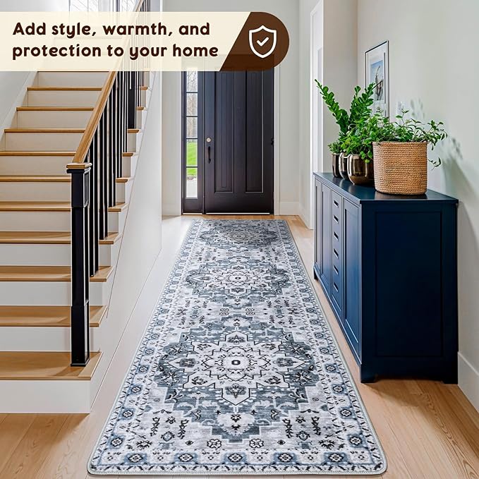 LBRO2M Boho Hallway Rug 2'X10’ Washable Runner Rugs Non Slip Low Piles Rugs Vintage, Soft, Dusty Blue Area Rug Runners for Hallways, Bedroom, Kitchen Laundry Room Pattern Print (2'X10', Light Blue)