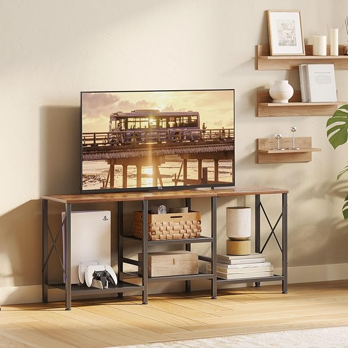TV Stand for 55 Inch TV, Entertainment Center with 3-Tier Open Shelves, TV Console Table for Living Room, Bedroom, Rustic Brown