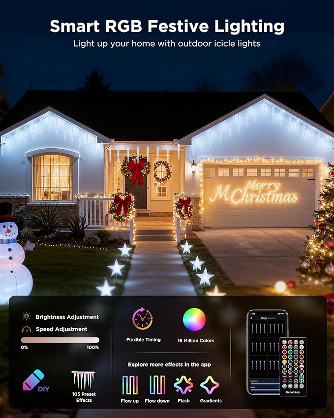 Brightown Smart Icicle Lights for Outside - 31.2ft with 20 Tubes 100 LED Color Changing Icicle Christmas Lights Decoration - APP Controlled RGB Customize Display DIY Dynamic Lighting Effect