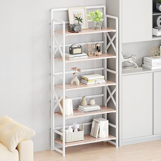 No Assembly Folding Bookshelf, 5 Tiers Vintage Wood Collapsible Book Shelf for Storage,Industrial Metal Foldable Bookcase Organizer for Living Room Bedroom Home Office (Beige)