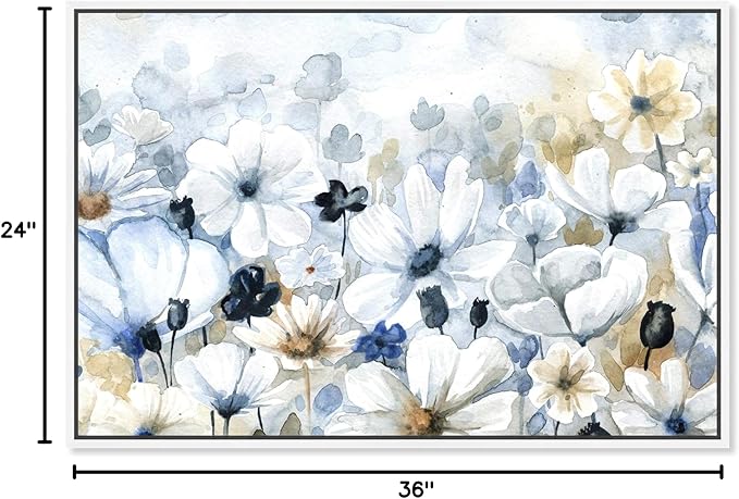 The Oliver Gal Artist Co. Floral and Botanical Wall Art Framed Canvas Prints 'Fields Flowers Home Décor, 36" x 24", Blue, White