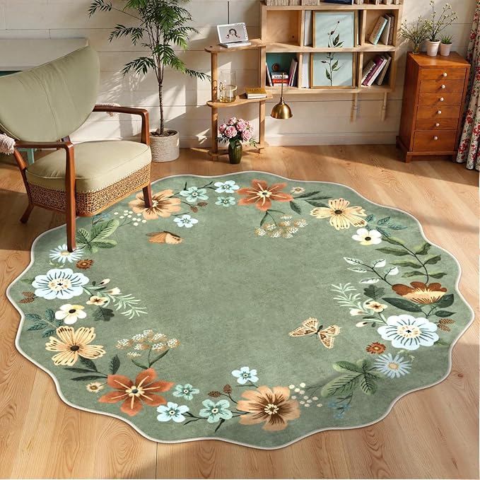Lahome Floral Washable Round Area Rug, Soft Round Rugs 6ft Ultra-Thin Non-Slip, Boho Large Circle Carpet for Bedroom Living Room Kitchen Nursery, Green