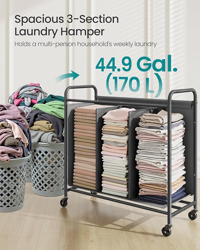 SONGMICS 3-Section Laundry Sorter, Laundry Hamper with Wheels, Rolling Clothes Hamper Cart with Large Capacity and Removable Bags, for Laundry Room, Bedroom, Bathroom, Slate Gray URLS330G01