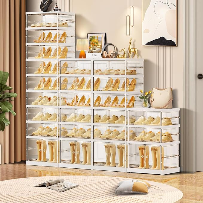 9 Tier Foldable Shoe Rack for Closet Entryway 9-18 Pairs Stackable Clear Shoe Storage Boxes with Lids Tall Shoes Shelf with Door Plastic Organizer Cabinet Easy Assembly