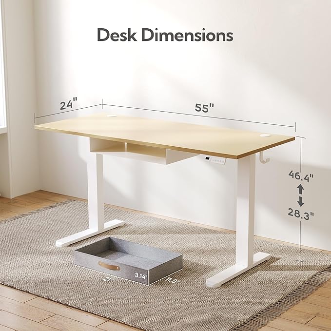 Seang Standing Desk with Drawer, 55" x 24" Height Adjustable Stand Up Desk, 3 Memory Height Settings with Cable Grommets & Storage Hooks, Ideal for Home & Office, Nature