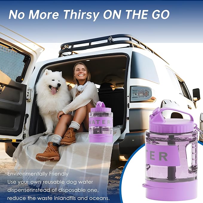 77oz Dog Water Bottle with Dispenser Bowl, 2200ml Capacity, Purple, Portable Pet Travel Bottle with Strap