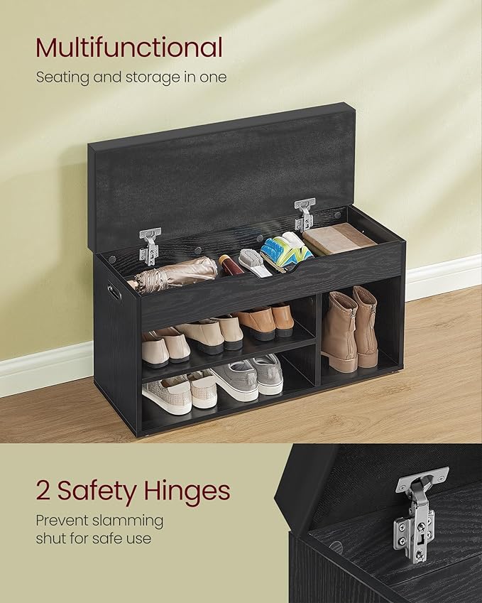 VASAGLE CUSTOS Collection - Storage Bench with Cushion, Shoe Bench, Padded Seat, Hidden Storage, Entryway, Hold up to 300 lb, 11.8 x 31.5 x 17.3 Inches, Ebony Black and Ink Black ULHS030B03