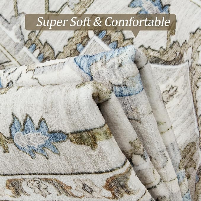 6x9 Area Rug for Living Rooms, Stain Resistant Neutral Washable Rugs for Dining Rooms, Floral Vintage Non-Slip Thin Large Size Area Rugs(Beige)