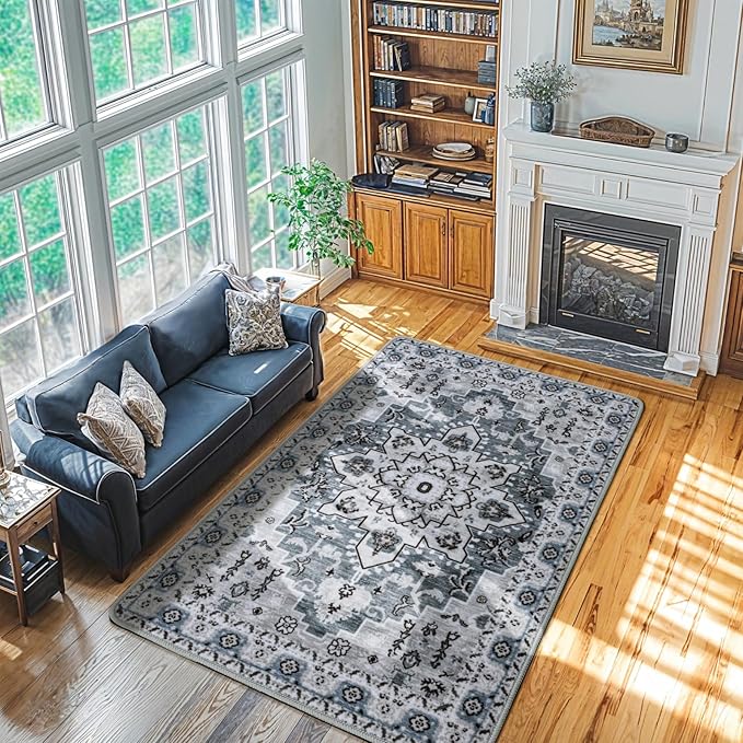 LBRO2M Boho Area Rug 5X7 Washable Rugs for Bedroom Low Piles Indoor Carpet, Non Slip Soft Rug for Living Room, Dining Room, Rug Foldable Pet Friendly Area Rugs Stain Resistant (5'X7' Dusty Blue)