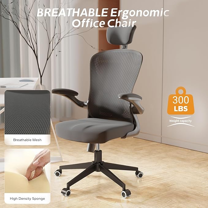 Ergonomic Office Chair with Adjustable Lumbar Support & Flip-Up Armrests - High Back Computer Desk Chair with Thickened Seat Cushion, Rolling Wheels for Home/Office Study Work